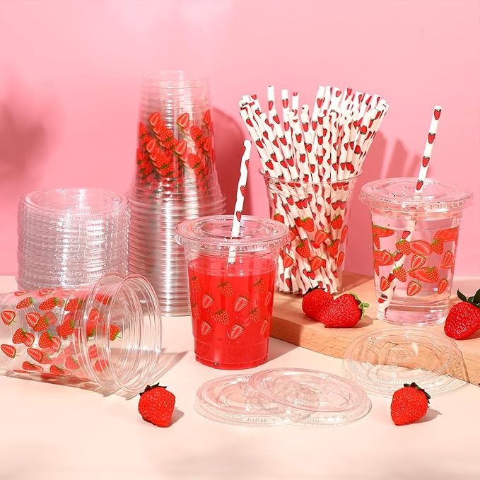 Yungyan 50 Sets 16 oz Strawberry Plastic Cups with Lids and Straws Strawberry Party Decoration Coffee Juice Disposable Drinking Cups for Berry First Birthday Decoration Baby Shower Party Supplies