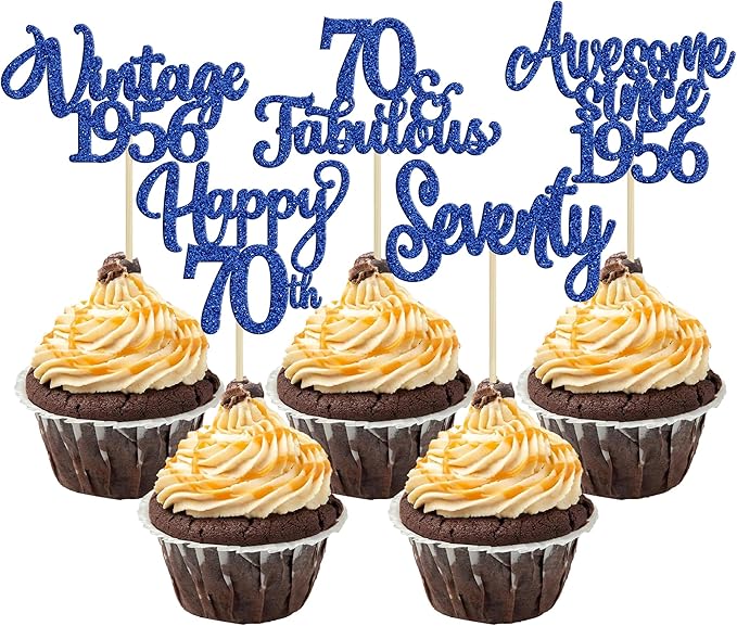 Ephlyn 30Pcs Happy 70th Birthday Cupcake Toppers Glitter Seventy Vintage 1956 Cupcake Picks Cheers to 70 Fabulous Cake Decorations for 70th Birthday Wedding Anniversary Party Supplies Dark Blue