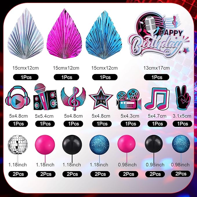 Sinmoe 24 Pcs Music Cake Topper Disco Ball Cake Topper Disco Party Supplies for Musician Rock Theme Birthday Party Musical Video Media cupcake decorations