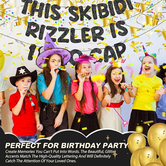 Fulmoon Pre Strung This Skibidi Rizzler Is 11 No Cap Glitter Banner 11th Birthday Party Decorations, Funny Birthday Sign, Party Supplies, Ideas, Gifts, Black