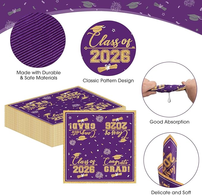 50 Pcs Graduation Napkins Class of 2026 - Purple Gold Congrats Grad Napkins Set, 3-Ply Disposable Graduation Luncheon Dinner Party Paper Napkins for Grad Party Supplies Table Decoration