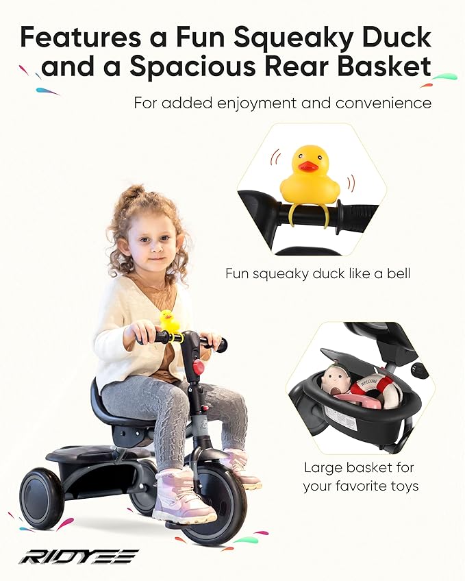 Toddler Tricycle for 18 Months to 5 Years, Foldable Tricycles for 3-5 Year Olds, Kids Tricycle with Adjustable Carry-Friendly Ergonomic Seat and Covered Large Basket, Grey