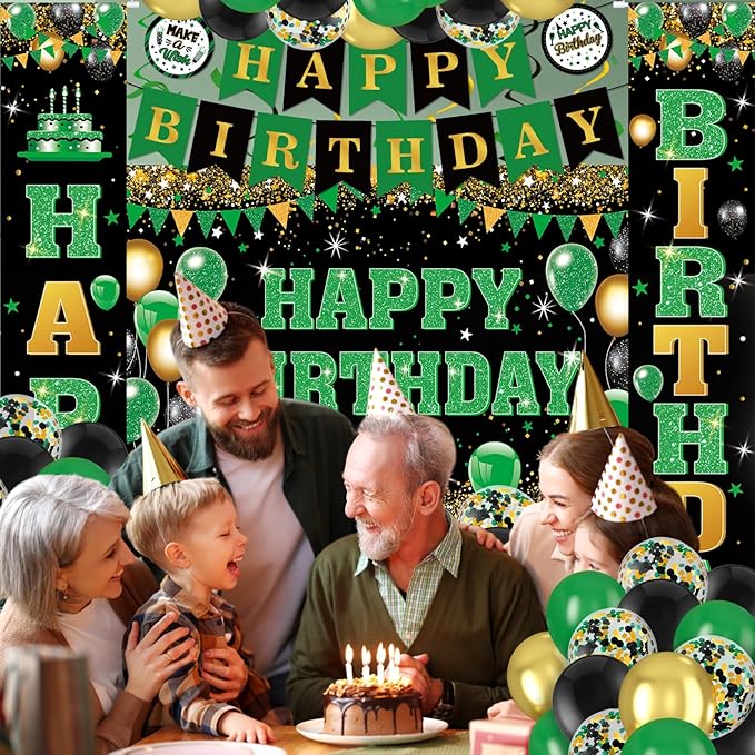 48Pcs Green and Black Birthday Decorations Black Green Gold Happy Birthday Party Supplies Happy Birthday Banner Backdrop Balloons Hanging Swirls for Women Men Boy Girls Birthday St. Patrick Day Party