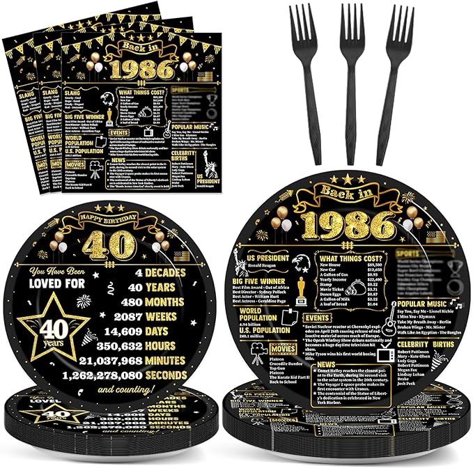 96Pcs 40th Birthday Plates and Napkins Back in 1986 Party Decorations Black Gold 40 Year Old Party Dessert Plates 1986 Birthday Tableware for 24 Guests 40th Theme Men Woman Bday Parties Supplies