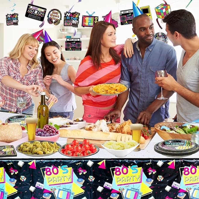 80s Party Supplies - 122 Pcs Plates, Napkins, Tablecloth Set for Back to the 80s Party Decorations - Serves 40
