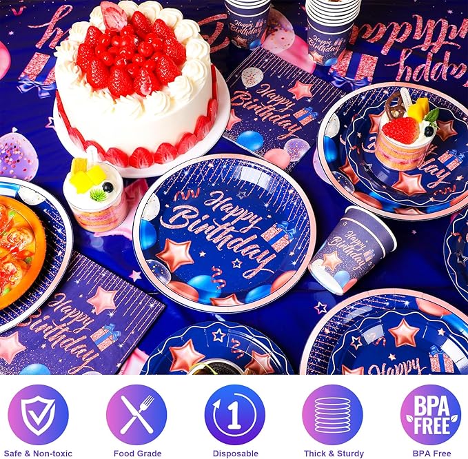Norme 176 Pcs Navy Blue and Rose Gold Birthday Tableware Set Birthday Decoration Includes Tablecloth Paper Plates Napkins Paper Cups Forks Knifes and Straws for 25 Guests Party Supplies (Bright)