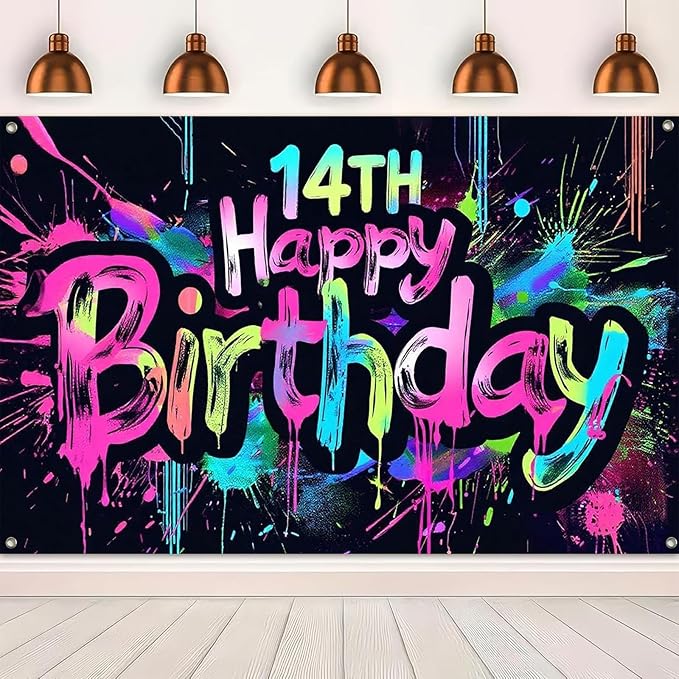 Glow in The Dark 14th Birthday Banner 71x43 Inch Colorful Paint Splatter Backdrop for Teen Boys Girls Fourteenth Party Decorations Neon Wall Decor Celebration Photo Booth Props Supplies