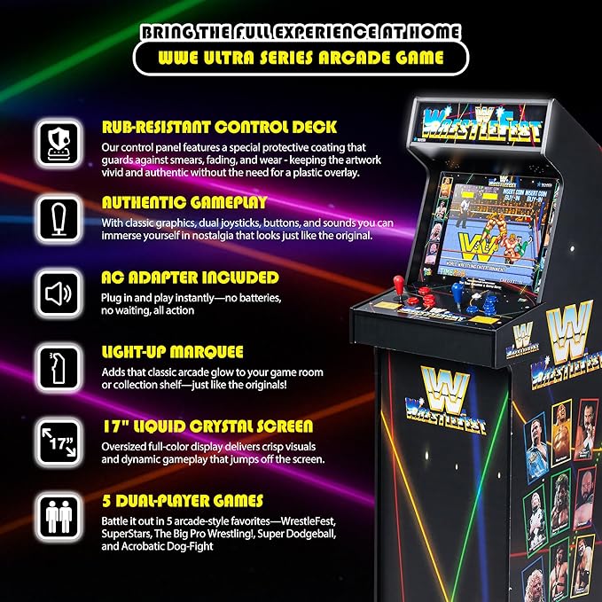 Arcade Classics - WWE Ultra Series Game Machine, 5 Games, 17" Liquid Crystal Screen - Indoor Cabinet, Retro, Gaming Console, Basement Decoration, Man Cave