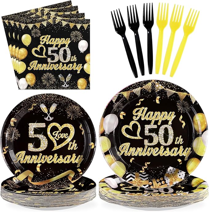 96Pcs 50th Anniversary Decorations Black Gold 50th Wedding Anniversary Plates and Napkins Tableware for 50 Year Anniversaries Decorations Serve 24