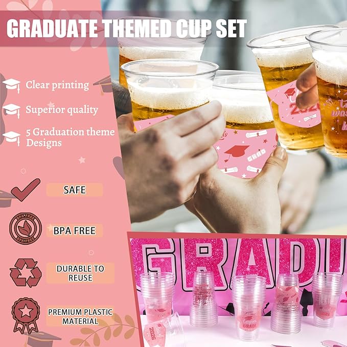 GuassLee Rose Gold Graduation Decorations 2026 Party Cups - 50pcs 12 Oz Rose Gold Disposable Graduation Plastic Clear Cups for Drinks Class of 2026 Grad Party Supplies