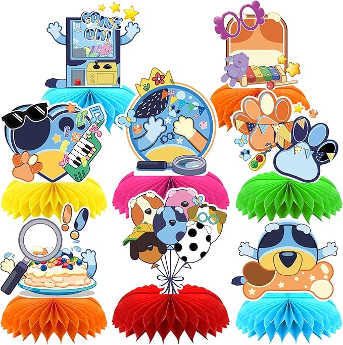 8Pcs Blue Dog Honeycomb Centerpieces,Cute Dog Birthday Party Decoration,Cartoon Dog Double Sided Table Supplies Party Favors