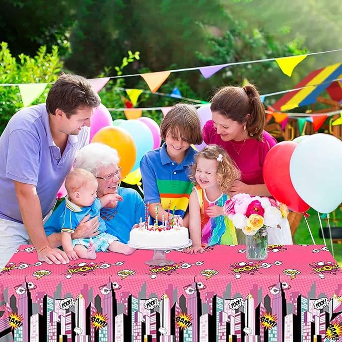Superhero Plastic Tablecloth Pink 2 Pack 51 x 87 Inches Superhero Party Decorations Rectangle Disposable Hero Table Cover Super Hero Theme Birthday Party Supplies
