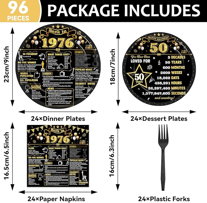 CHUNNIN 96Pcs 50th Birthday Plates and Napkins Back in 1976 Party Decorations Black Gold 50 Year Old Party Dessert Plates 1976 Disposable Tableware for 50th Theme Men Woman Birthday Supplies