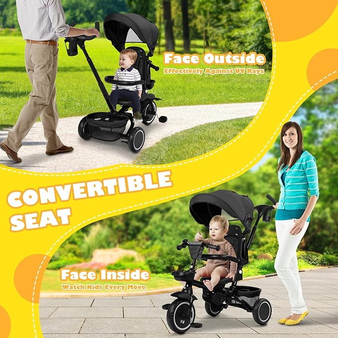 Folding Kids Tricycle, 8 in 1 Toddler Trike W/Removable & Adjustable Canopy, Parent Handle, 5-Piont Harness, Toddler Bike Tricycle for Kids 1-6 Years, EVA Wheels, Storage Basket, Black