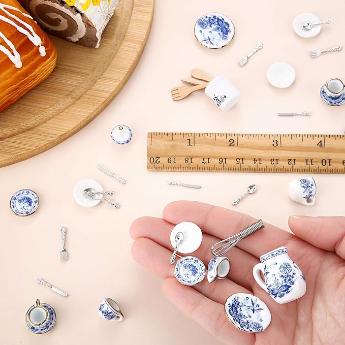 Skylety 37 Pieces 1:12 Scale Miniatures Dollhouse Kitchen Accessories Include 16 Plates Knife Fork Spoon, 6 Egg Beater Utensil, 15 Tea Cup Set(Blue Porcelain)