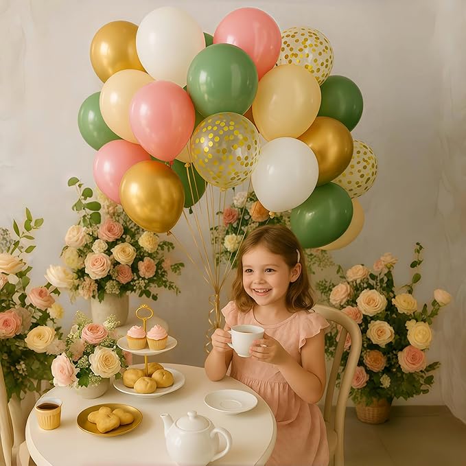 Sage Green and Dusty Pink Balloons, Retro Pink Muted Green White Gold Baby in Bloom Balloons for Girls Women Floral Fairy Wildflower Camping Birthday Woodland Baby Shower Garden Tea Party Decorations