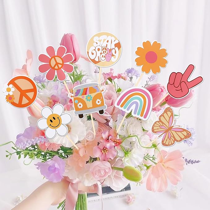 18 PCS Hippie Party Centerpiece Sticks Dasiy 60s Retro Boho Peace Sign Hand Butterfly Two Groovy Table Flower Centerpieces Sticks for Hippie Two Groovy Carnival Theme Birthday Party Supplies