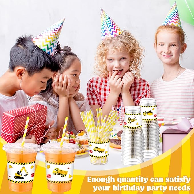 Yungyan 50 Sets Construction Theme Party Plastic Cups with Lids and Straws 16 oz Coffee Juice Drinking Cups for Birthday Baby Shower Party Supplies
