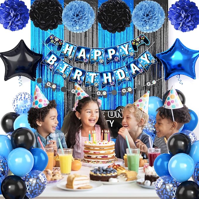 Video Game Birthday Decorations,Gaming Party Supplies,Include Blue Black Party Foil Balloons Happy Birthday Banner Fringe Curtain Tissue Paper Pompoms Garland