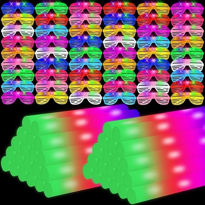 Glow Sticks Bulk Party Pack, 60 Pcs: Light Up Glasses, Foam Glow Sticks, Neon Accessories, Glow in the Dark Party Supplies Set for Disco, Wedding, Birthday, Concert, Halloween, Raves