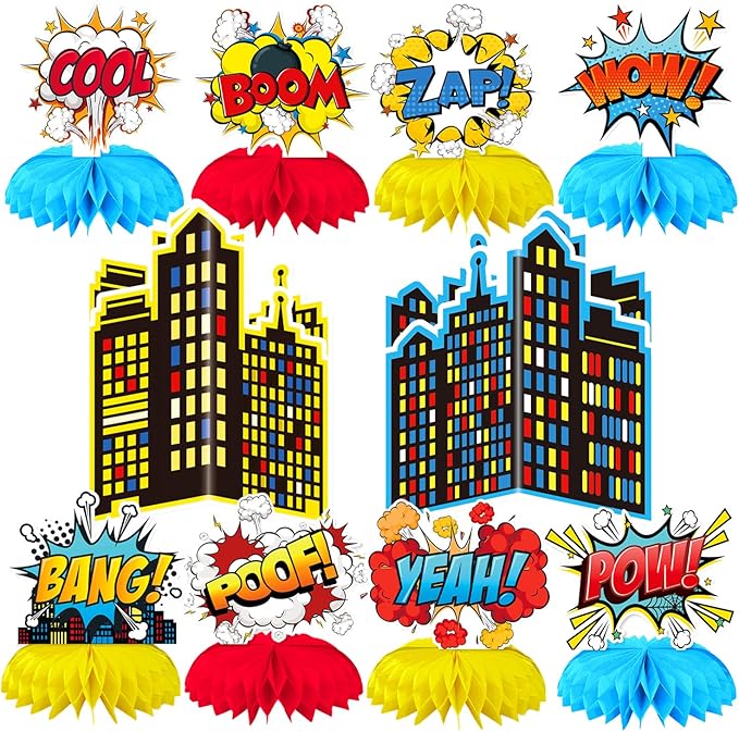 10 Pieces Hero Party Decoration, Hero Honeycomb Centerpieces 3D Table Topper Standing Decorations, Hero-Theme Party Supplies for Birthday Shower Decorations