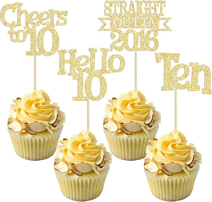 Ephlyn 24Pcs Happy 10th Birthday Cupcake Toppers Glitter Ten Cupcake Picks Hello 10 Cheers to 10 Years Cake Decorations for 10th Birthday Anniversary Party Decorations Supplies Gold