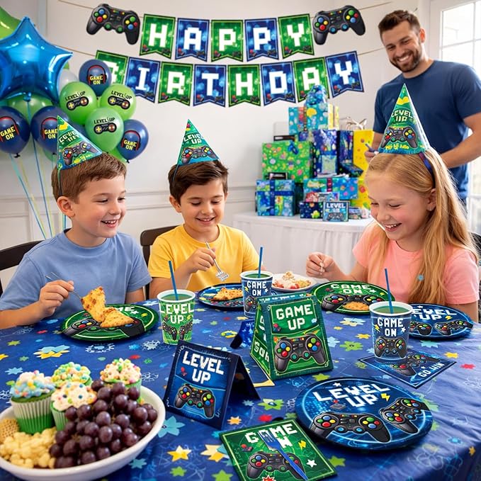 96 Pcs Video Game Plates and Napkins Tableware Set (Serve 24), Video Game Birthday Party Decorations, Party Supplies Include Plates Napkins Plastic Forks for Party