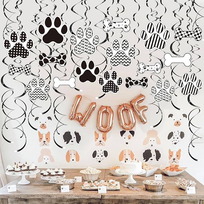 Dog BirthdayHanging Swirl Set Party Decorations, 48 Pcs, Dog Paw Bones Party Supplies Sign,White Black Grid