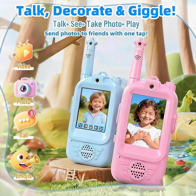 Video walkie talkies for Kids, 2 Pack with Private Chat Function & Rechargeable Kids Walkie Talkies, HD Camera & Voice Video Intercom for Indoor Outdoor, Camping for Boy Girls 3-14