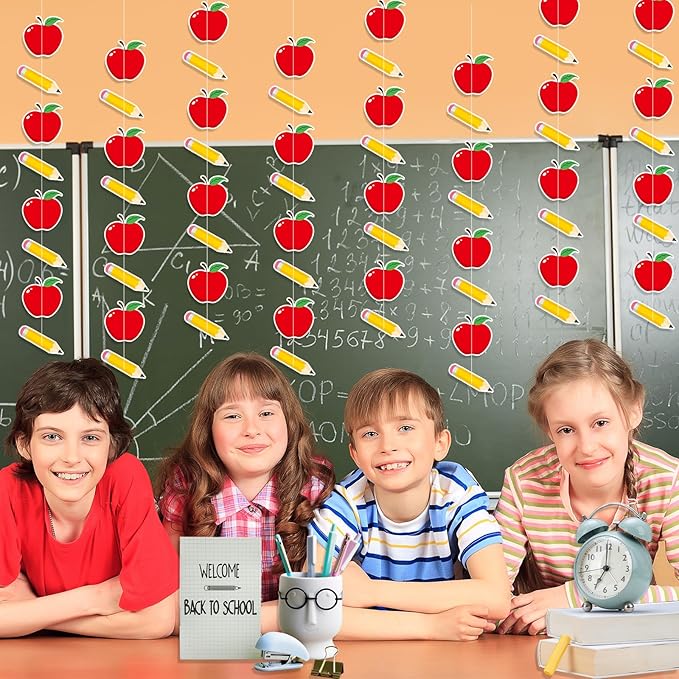 MARFOREVER 41Ft 5 Pcs Pencil Apples Garland Back to School Decorations, Pre-Strung Pencil Apple Banner Hanging Streamers for First Day of School Classroom Decorations Teacher Office Photo Props