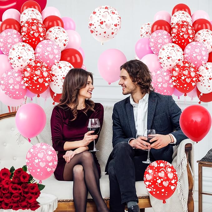 Red and Pink Balloons, 50 Pcs 12 Inch Pink and White Heart Printed Latex Balloon, Red Helium Heart Balloons, for Valentine’s Day Wedding Engagement Anniversary Baby Shower Birthday Party Decorations