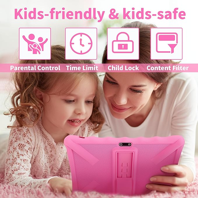 Veidoo Kids Tablet - 10.1 Inch IPS Eye-Care Screen, 7GB (3+4) RAM 64GB ROM 512GB Expandable, Dual Camera, WiFi 6, Octa-Core Parental Control Tablet Comes with Silicone Protective Cover(Pink)