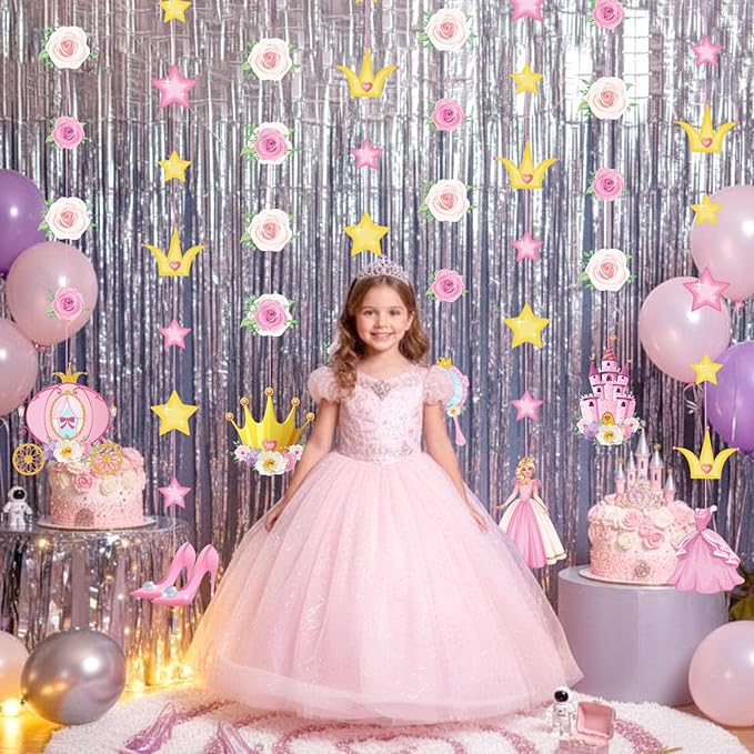 8 Pieces Floral Princess Party Decorations Princess Theme Garland Banners Pink Gold Castle Crown Carriage Paper Cutouts for Birthday Baby Shower Favors Classroom Supplies