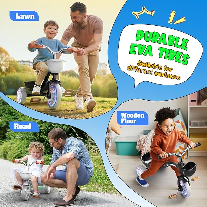 Toddler Tricycle for 1-3 3-4 Year Olds, 2 3 4 Year Old Boy Girl Birthday Gifts, Toddler Baby Bike, 3-Level Adjustable Seat, 3 Color Light Wheels, 2 Baskets, Outdoor Riding Toys for Ages 2-4