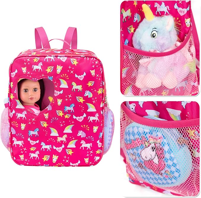 K.T.Fancy 7 PCS 18 inch Dolls Bag Carrier Set and Accessories Including Clothes, Shoes, Sunglasses, Doll Backpack and Toy Unicorn (NO Doll)
