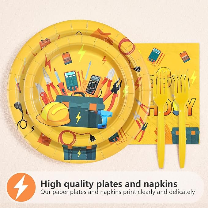 96Pcs Electrician Birthday Party Decorations Power Electrician Lineman Plates and Napkins Tableware Set Wire Gloves Bulb Switch Theme Decor for Boys Man Construction Birthday Party Supplies Serves 24