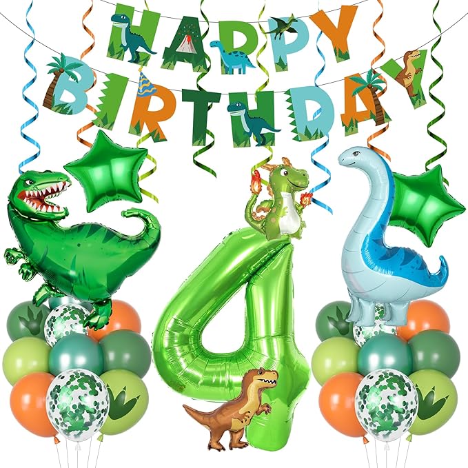 Amandir Dinosaur 4th Birthday Party Decorations for Boys Girls, Foil Green Star Number 4 Dinosaur Balloons with Happy Birthday Banner Hanging Swirls for Dino Baby Shower Kids Party Supplies