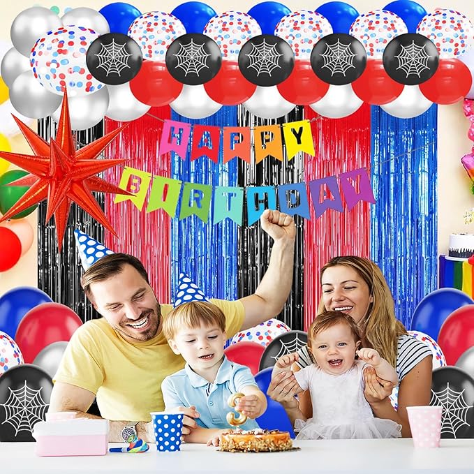 23Pcs Anime Spider Birthday Decorations, Red Black Blue 3.3x8.2ft Tinsel Foil Fringe Curtains Banners and Cobweb Balloons for Spider Theme Birthday Party Decorations Boys and Girls Party Supplies