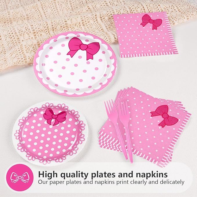 Grencian 96Pcs Pink Cat Party Decorations Pink Bow Cat Plates and Napkins Disposable Cute Cats Paper Tableware Set for Girls Baby Bridal Shower Birthday Wedding Party Supplies, Serves 24