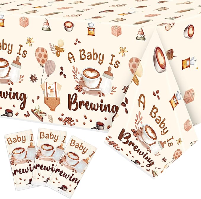 K1tpde 3PCS A Baby is Brewing Baby Shower Party Tablecloths for Kids, Coffee Themed Brown Plastic Tablecloths, Coffee Disposable Table Covers for Birthday Decorations, Pregnancy Diaper Party Supplies