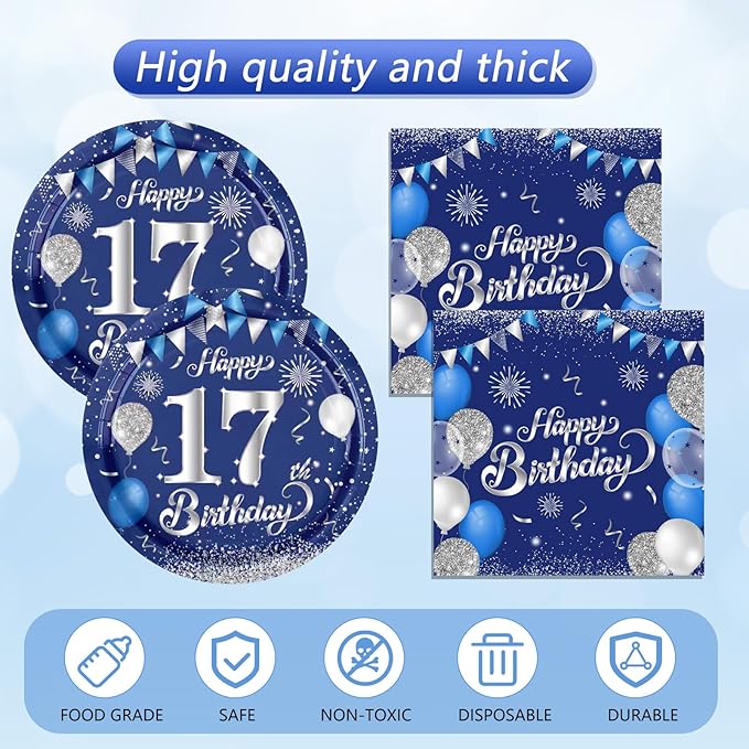 41 PCS 17th Birthday Decorations for Boys Girls Disposable Blue Sliver 17 Year Old Tableware Happy 17th Birthday Dessert Plates Napkins Tablecloth Set for 17 Year Old Teenage Boy Party Supplies