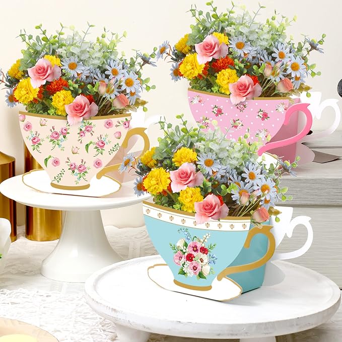 Yinder 6 Pcs Tea Party Decorations Princess Party Flower Boxes Centerpiece Floral Teapot Centerpiece for Floral Tea Themed Birthday Wedding Supplies(Fresh Tea Cup)