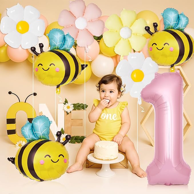 First Bee Day Decorations Girl 8 Pcs First Birthday Decor for Girl with Pink Number 1, Bee and Daisy Foil Balloon, 1st Birthday Decorations Party Supplies