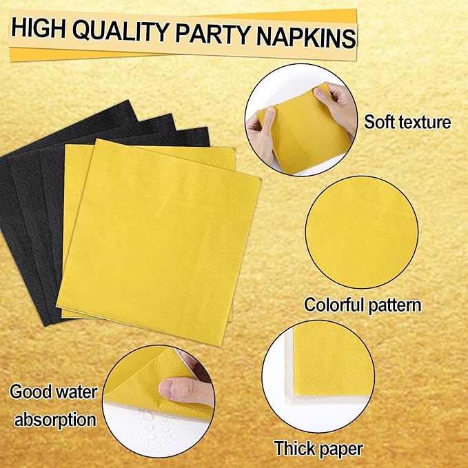 96Pcs Black and Gold Birthday Party Decorations Black and Gold Paper Plates and Napkins Sets Tablewares Dinnerwares for Graduation Wedding Birthday Baby Shower Party Supplies 24 Guest