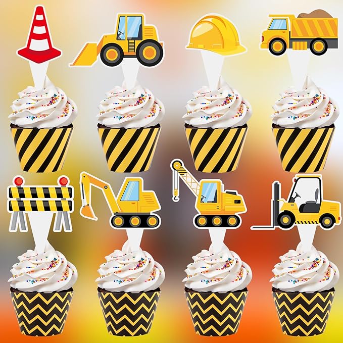 48 Pack Construction Cupcake Toppers and Wrappers, Construction Vehicles Party Cake Decoration for Engineering Theme Birthday Party Baby Shower Supplies