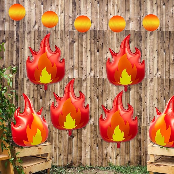 6 Pcs Fire Truck Birthday Party Supplies 32 Inch Fire Flame Balloons Large Firefighter Aluminum Foil Decorations Curve Foil Party Favors Fireman Theme Balloons, Yellow Red
