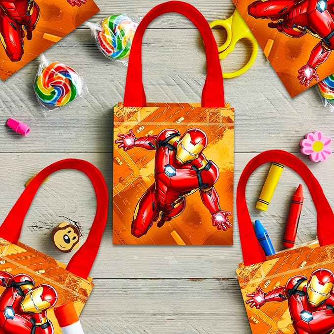 Iron Man Party Favor Bags Set – 12 Pack 8" Marvel Goodie Bags for Kids Bulk Reusable Mini Totes | Avengers Iron Man Birthday Party Supplies