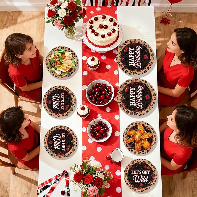 96Pcs Cheetah Print Birthday Decorations Cherry Leopard Plates and Napkins Tableware Sets Red Black Cheetah Platters for Leopard Safari Theme Girls Women Birthday Baby Shower Supplies Serves 24