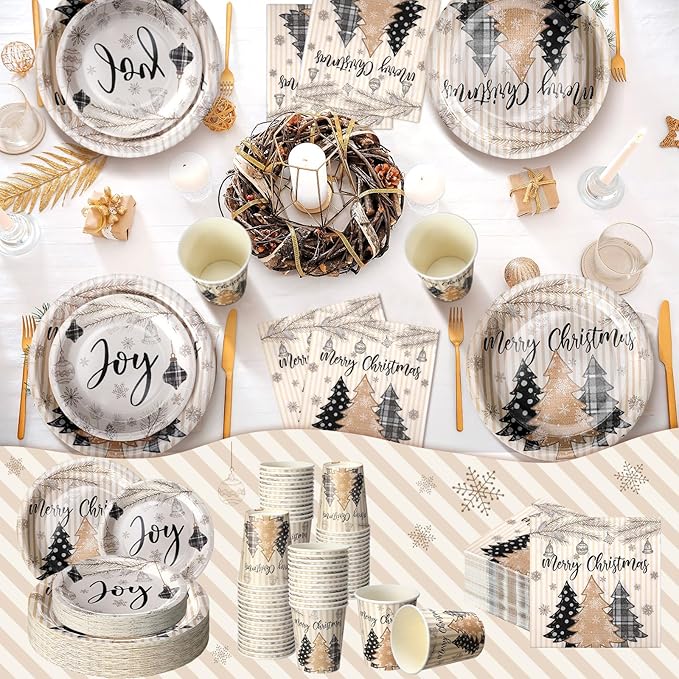 Hsei 250 Pcs Christmas Tree Plates and Napkins Party Decorations Disposable Tableware Sets Baby Shower Birthday Party Supplies Serves 50 Guests Dinnerware Bridal Baby Shower Favors