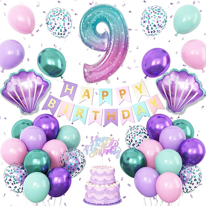 9th Mermaid Birthday Decoration,Metallic Purple Pink Green Blue Latex Balloons for Girls Party Decoration Number 9 Seashell Foil Balloons Banner Cake Topper Sea Decorations 9 Year Old Decor